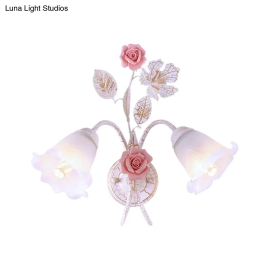 Romantic Flared Metal Wall Sconce With Flower Decor - 1/2 Heads White Fixture For Living Room