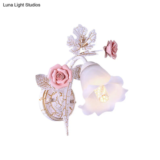 Romantic Flared Metal Wall Sconce With Flower Decor - 1/2 Heads White Fixture For Living Room