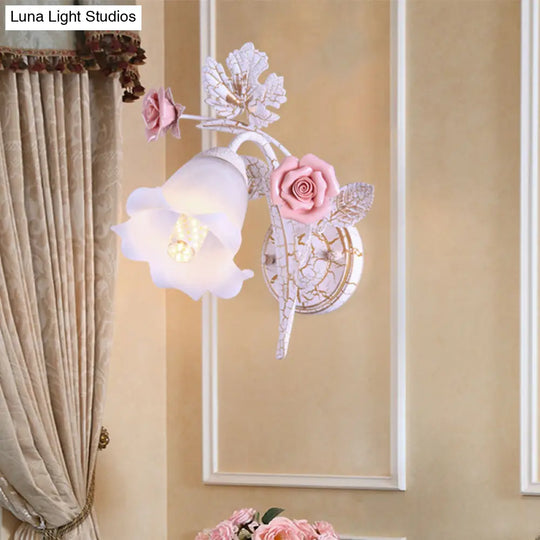 Romantic Flared Metal Wall Sconce With Flower Decor - 1/2 Heads White Fixture For Living Room