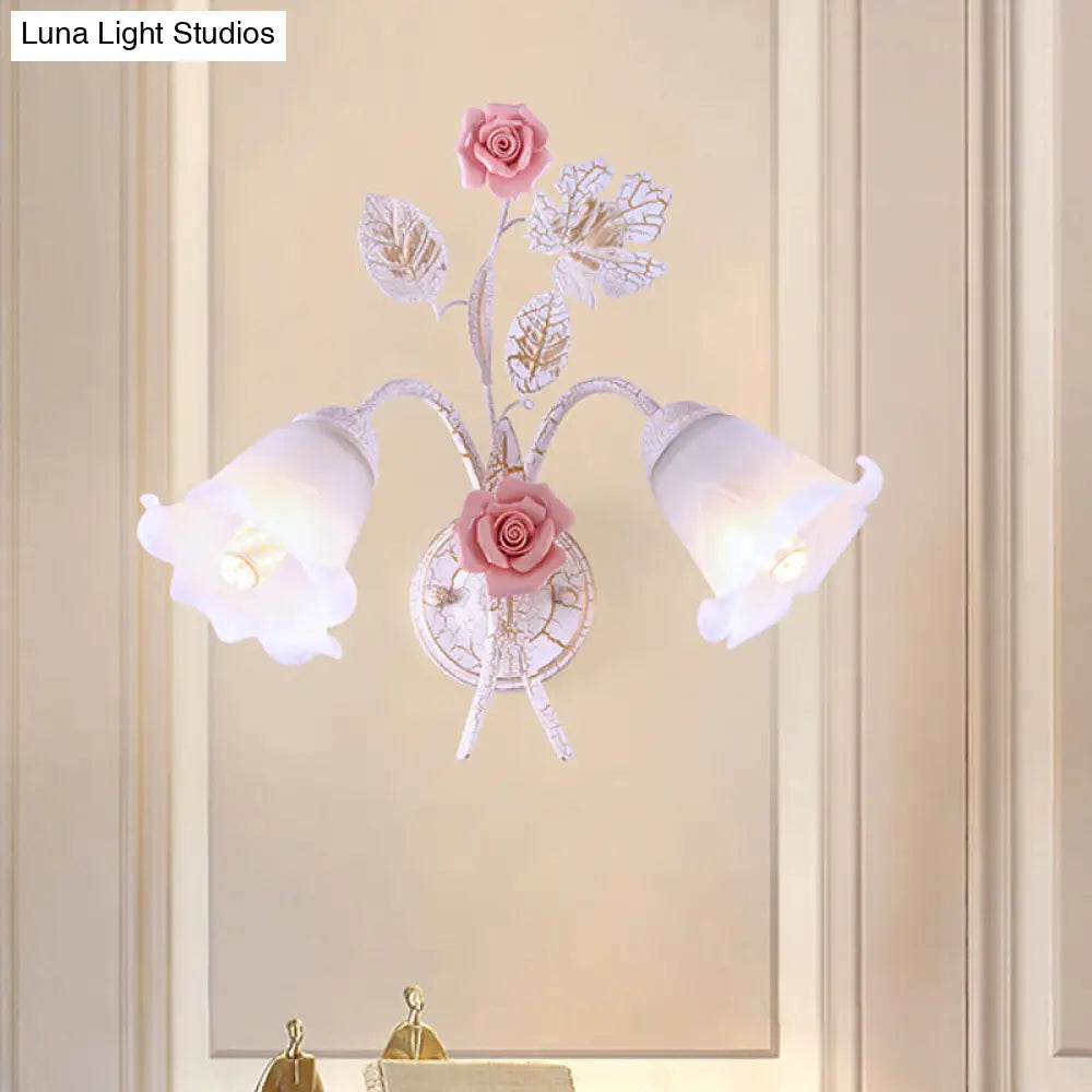 Romantic Flared Metal Wall Sconce With Flower Decor - 1/2 Heads White Fixture For Living Room