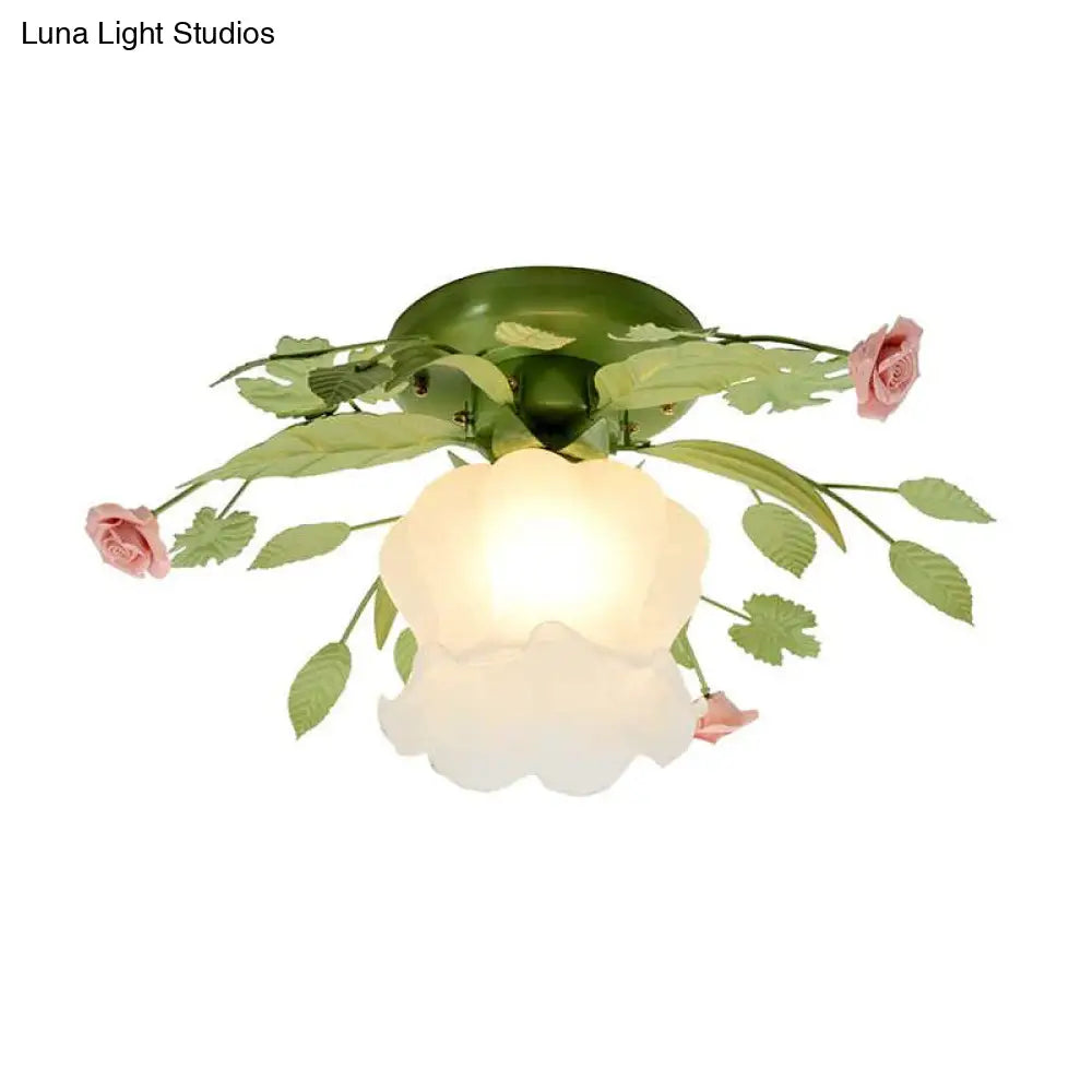 Romantic Green Floral Ceiling Light Fixture With 1/3/5 Metal Heads For Living Room Flush Mount