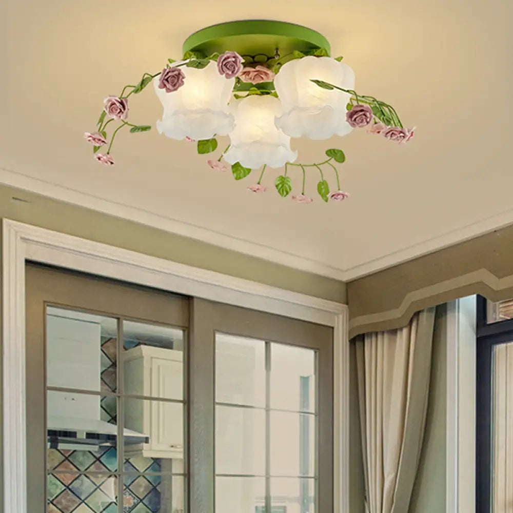 Romantic Green Floral Ceiling Light Fixture With 1/3/5 Metal Heads For Living Room Flush Mount 3 /
