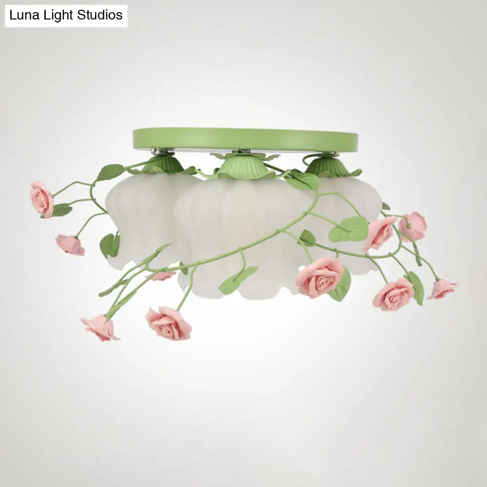 Romantic Green Floral Ceiling Light Fixture With 1/3/5 Metal Heads For Living Room Flush Mount