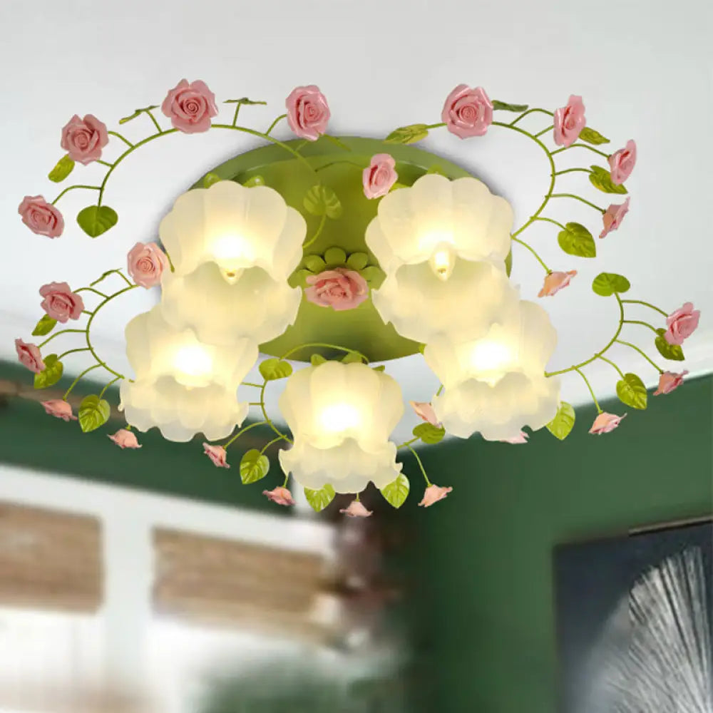 Romantic Green Floral Ceiling Light Fixture With 1/3/5 Metal Heads For Living Room Flush Mount 5 /
