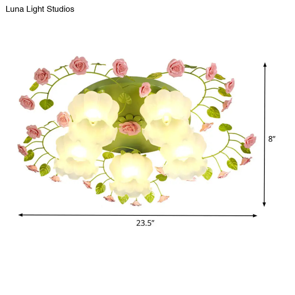 Romantic Green Floral Ceiling Light Fixture With 1/3/5 Metal Heads For Living Room Flush Mount