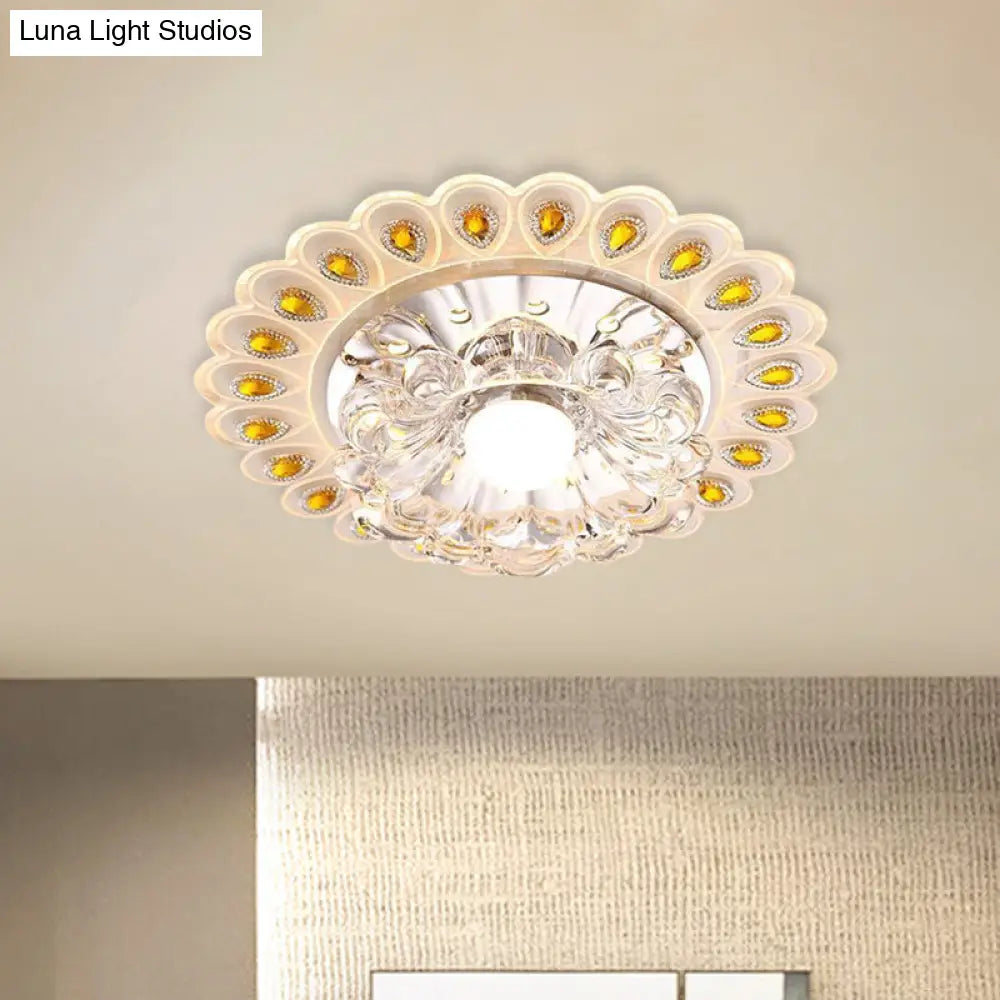Romantic Led Floral Flush Mount Ceiling Light With Clear Crystal And Peacock Feather Accent