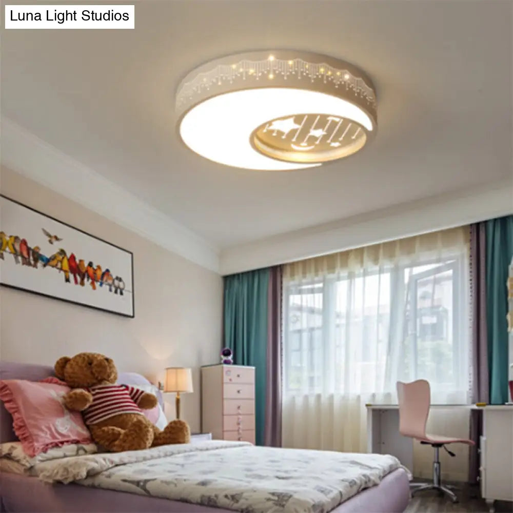 Romantic Led Moon And Star Flush Ceiling Light For Boys Bedroom In White