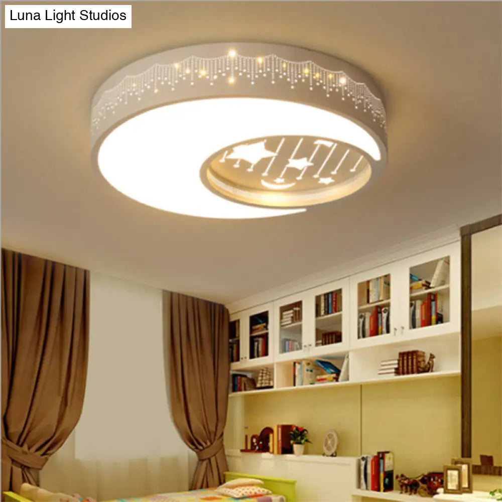 Romantic Led Moon And Star Flush Ceiling Light For Boys Bedroom In White