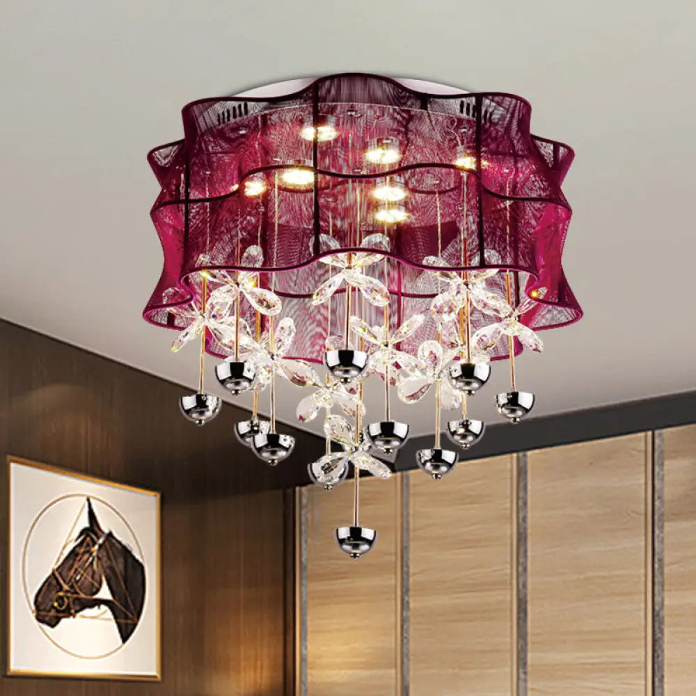 Romantic Modern Red Flushmount Lamp - Fabric Bedroom Led Ceiling Light With Dangling Crystals