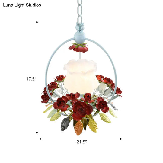 Romantic Opal Glass Bedroom Pendulum Light With Red And White Pendant