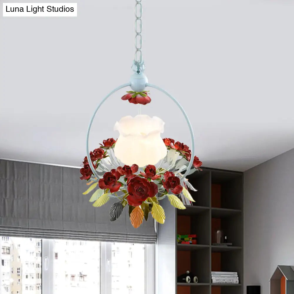 Romantic Opal Glass Bedroom Pendulum Light With Red And White Pendant