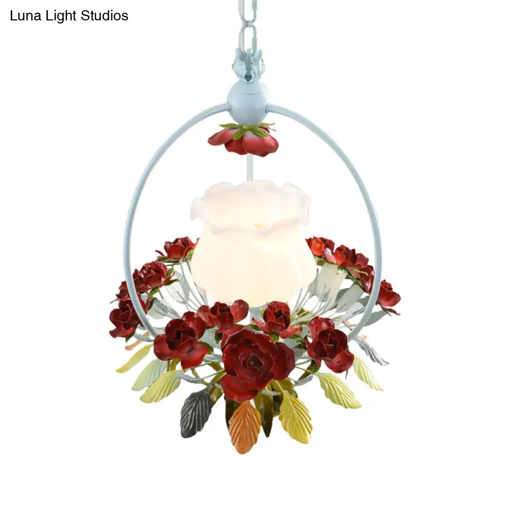 Romantic Opal Glass Bedroom Pendulum Light With Red And White Pendant