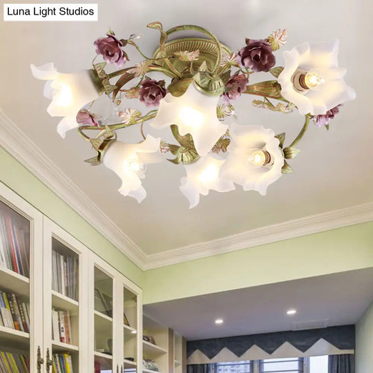 Romantic Opal Glass Semi Flush Light With Green Flower Design - 6 Heads Spiral Ceiling