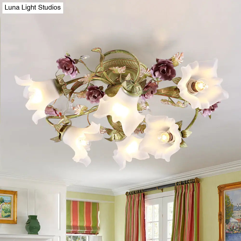 Romantic Opal Glass Semi Flush Light With Green Flower Design - 6 Heads Spiral Ceiling