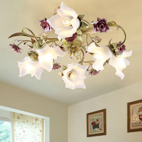 Romantic Opal Glass Semi Flush Light With Green Flower Design - 6 Heads Spiral Ceiling