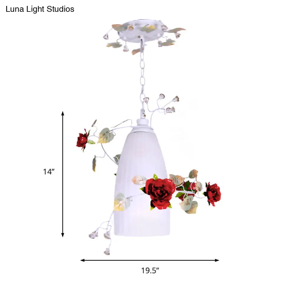 Romantic Pastoral 1-Light White Glass Pendant With Red Flower