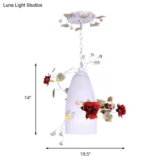 Romantic Pastoral 1-Light White Glass Pendant With Red Flower