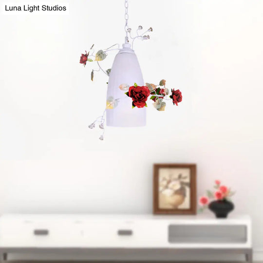 Romantic Pastoral 1-Light White Glass Pendant With Red Flower