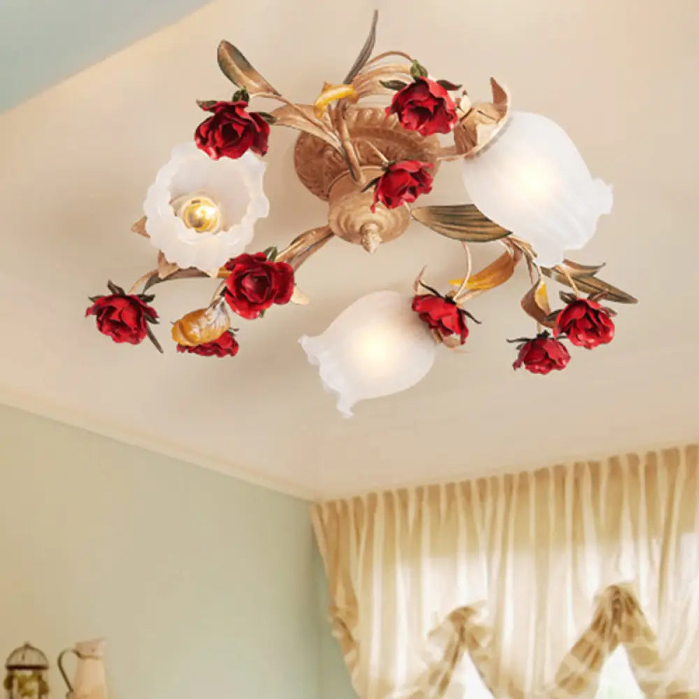 Romantic Pastoral Blossom Bedroom Semi Flush Mount Ceiling Lamp - 3/6 Lights Coffee Metal Design 3 /