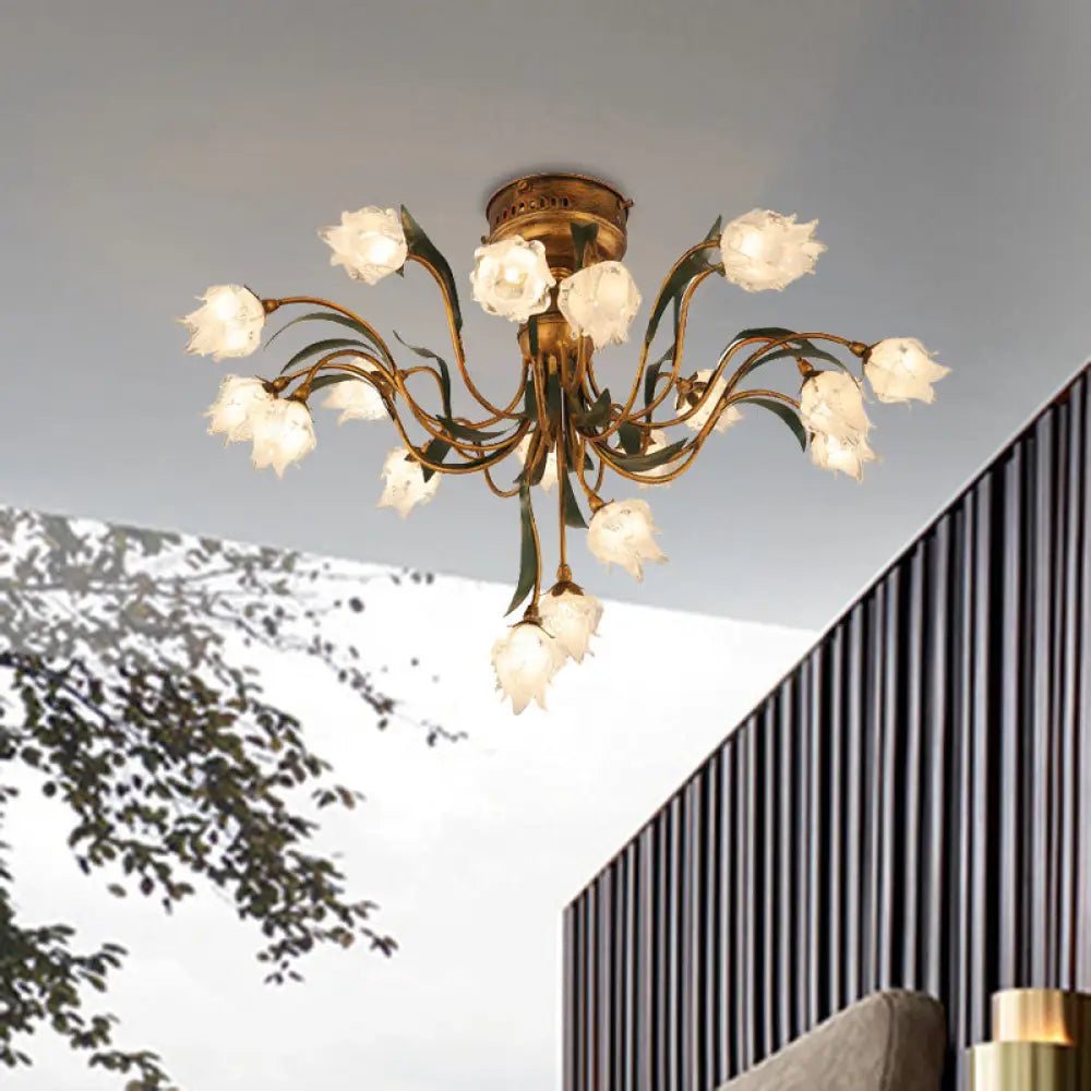 Romantic Pastoral Brass Bloom Semi Flush Light - 19 Bulb Led Close To Ceiling Lamp
