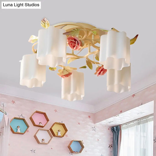 Romantic Pastoral Floral Ceiling Flush Chandelier - 3/5 - Head White/Yellow With Frosted Glass Semi