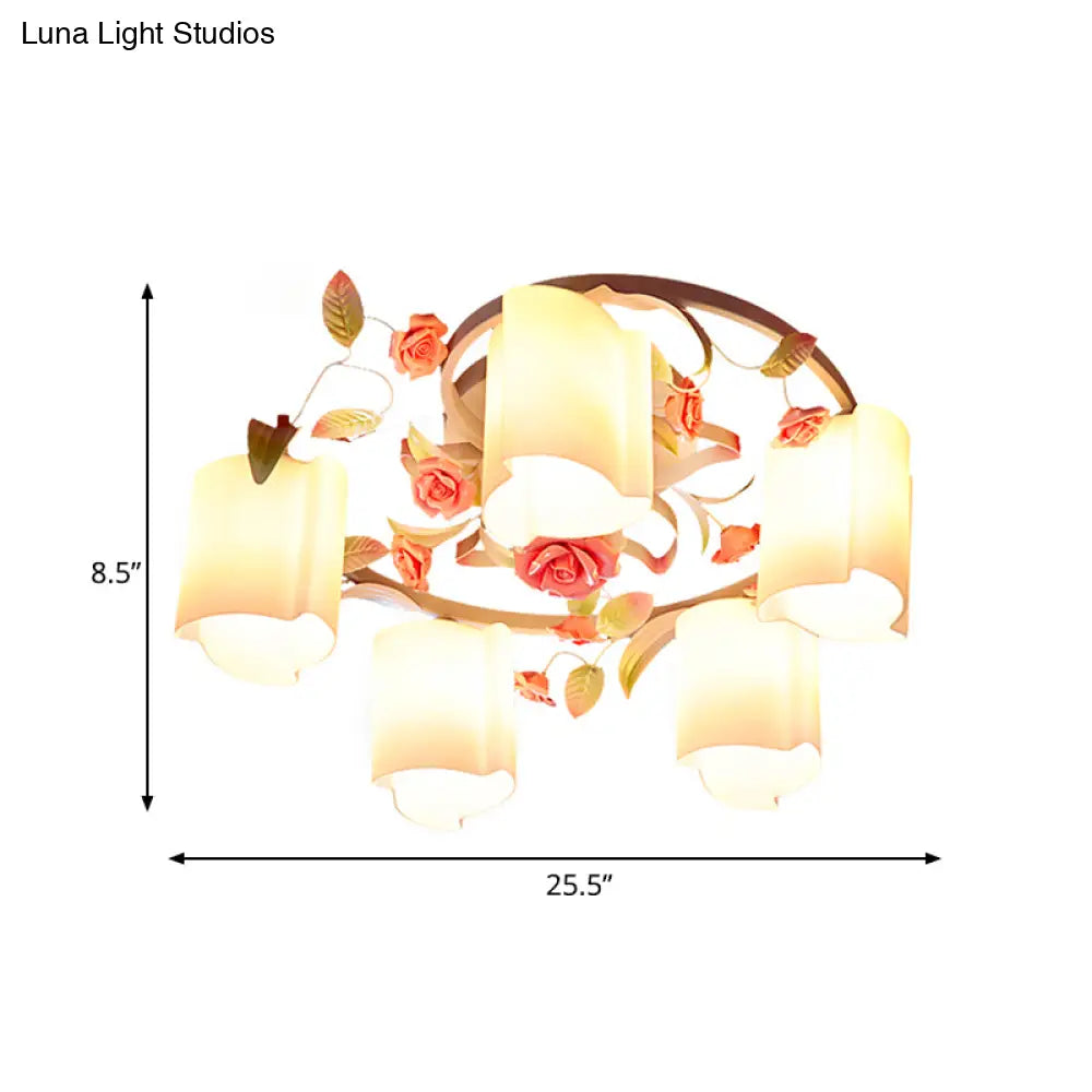 Romantic Pastoral Floral Ceiling Flush Chandelier - 3/5 - Head White/Yellow With Frosted Glass Semi