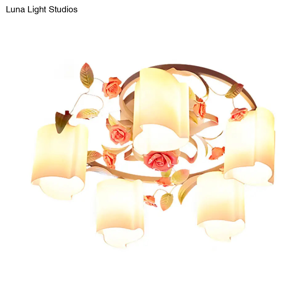 Romantic Pastoral Floral Ceiling Flush Chandelier - 3/5-Head White/Yellow With Frosted Glass Semi