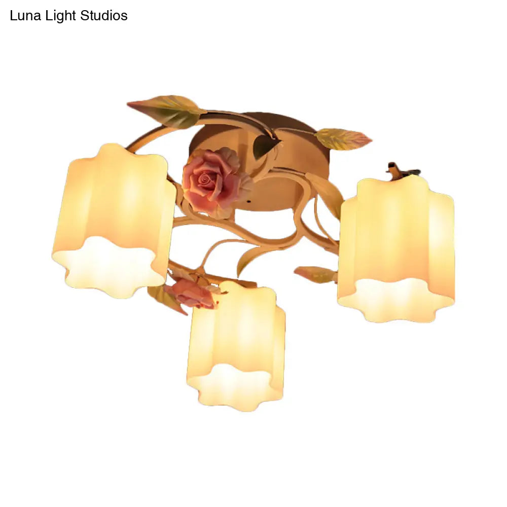 Romantic Pastoral Floral Ceiling Flush Chandelier - 3/5 - Head White/Yellow With Frosted Glass Semi