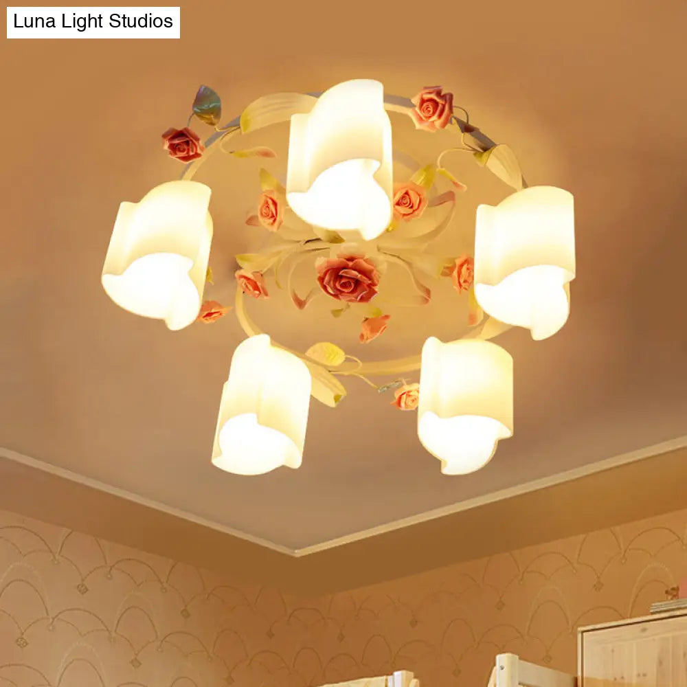 Romantic Pastoral Floral Ceiling Flush Chandelier - 3/5-Head White/Yellow With Frosted Glass Semi