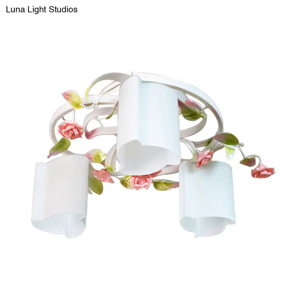 Romantic Pastoral Floral Ceiling Flush Chandelier - 3/5 - Head White/Yellow With Frosted Glass Semi