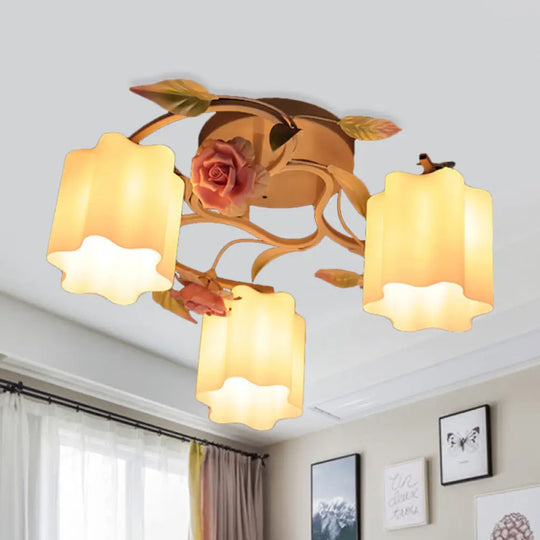 Romantic Pastoral Floral Ceiling Flush Chandelier - 3/5 - Head White/Yellow With Frosted Glass Semi