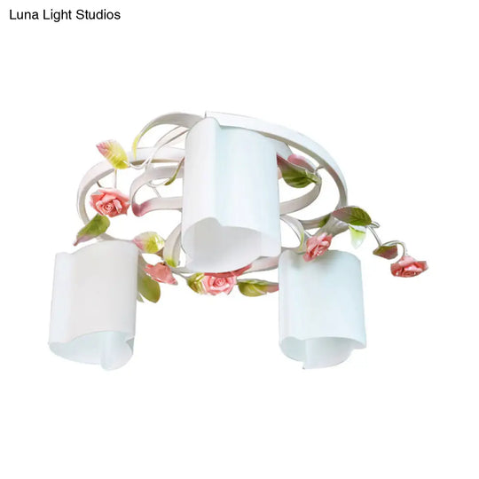 Romantic Pastoral Floral Ceiling Flush Chandelier - 3/5-Head White/Yellow With Frosted Glass Semi