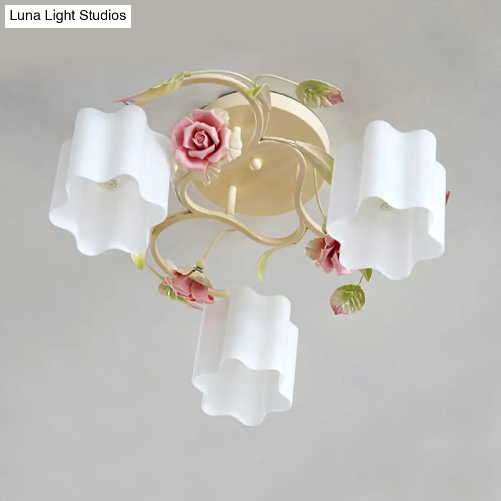 Romantic Pastoral Floral Ceiling Flush Chandelier - 3/5-Head White/Yellow With Frosted Glass Semi