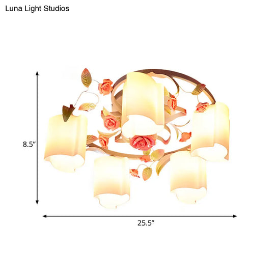 Romantic Pastoral Floral Ceiling Flush Chandelier - 3/5-Head White/Yellow With Frosted Glass Semi