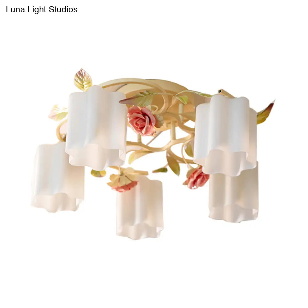 Romantic Pastoral Floral Ceiling Flush Chandelier - 3/5-Head White/Yellow With Frosted Glass Semi