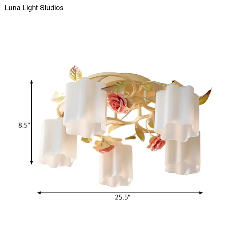 Romantic Pastoral Floral Ceiling Flush Chandelier - 3/5 - Head White/Yellow With Frosted Glass Semi