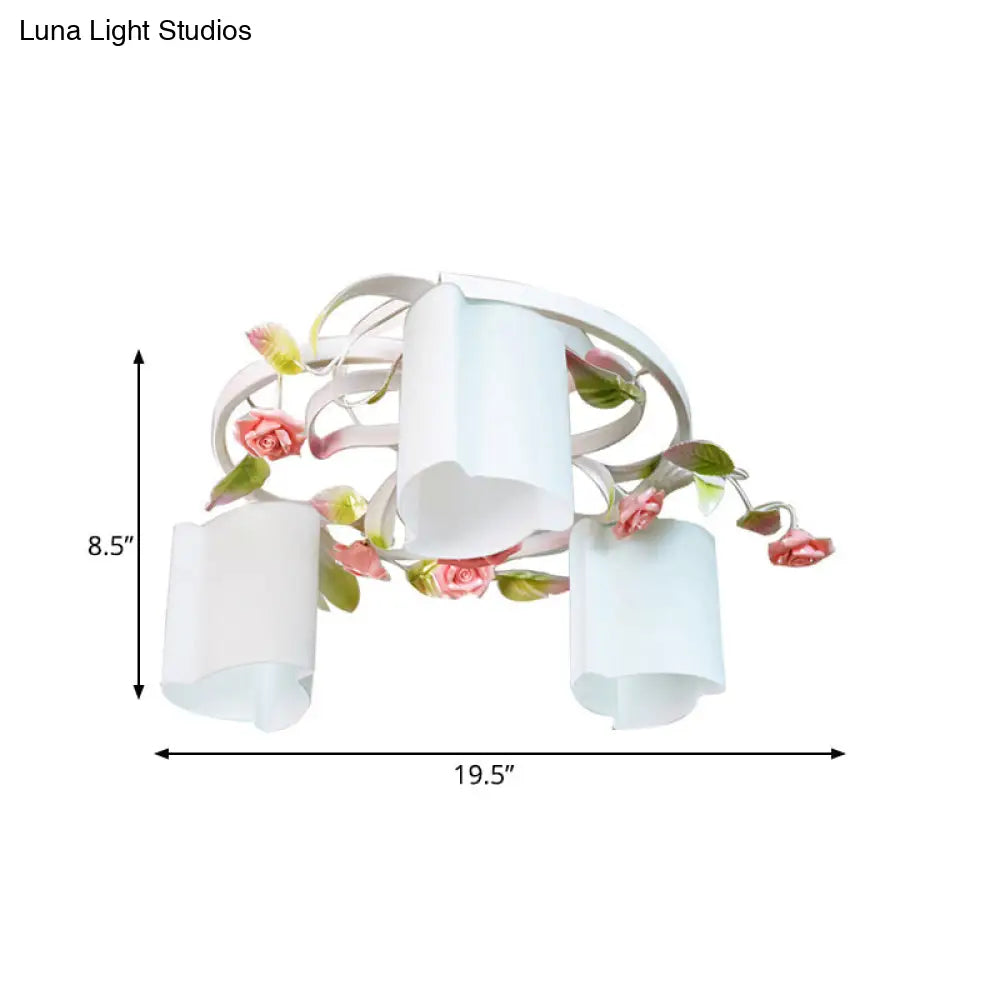 Romantic Pastoral Floral Ceiling Flush Chandelier - 3/5-Head White/Yellow With Frosted Glass Semi