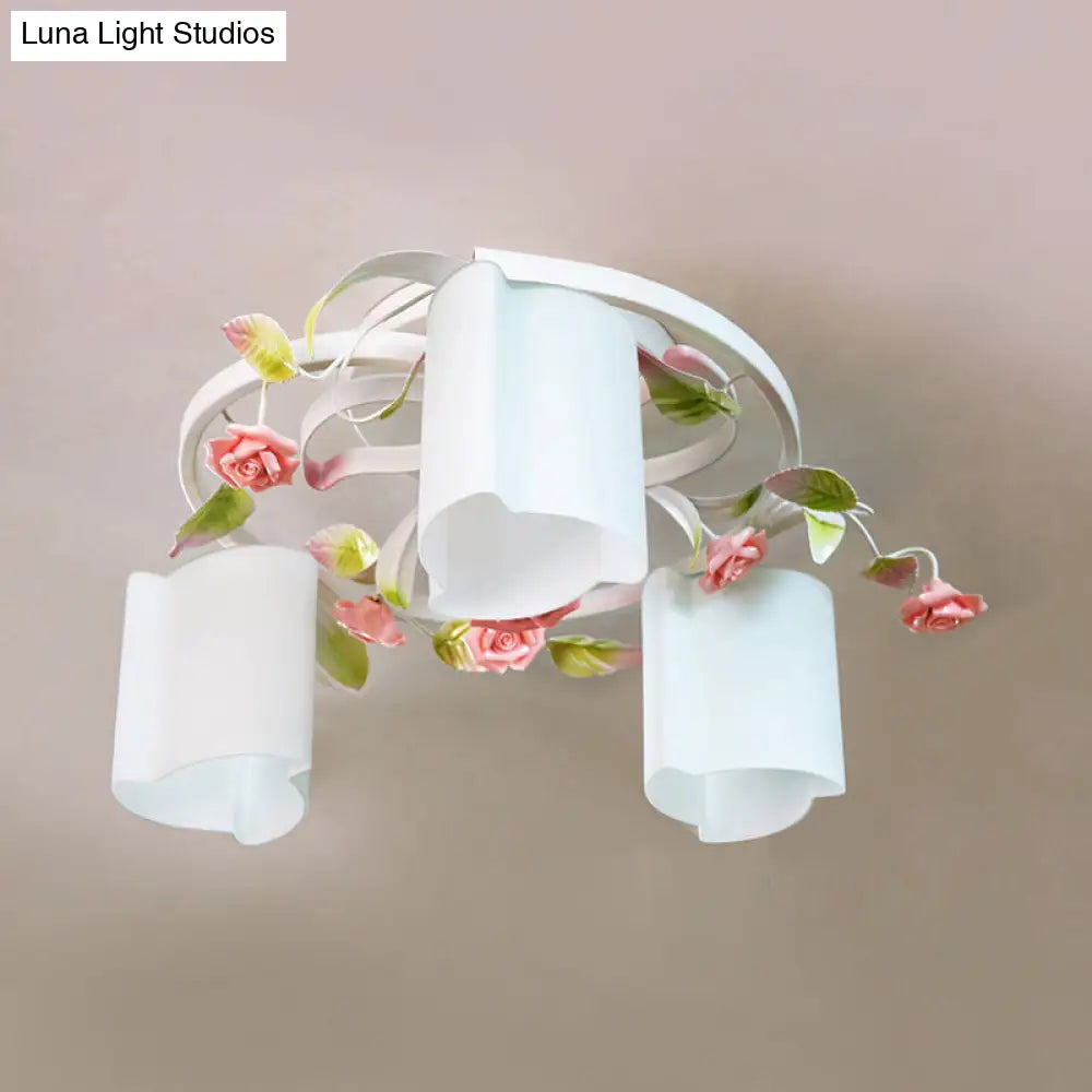 Romantic Pastoral Floral Ceiling Flush Chandelier - 3/5-Head White/Yellow With Frosted Glass Semi