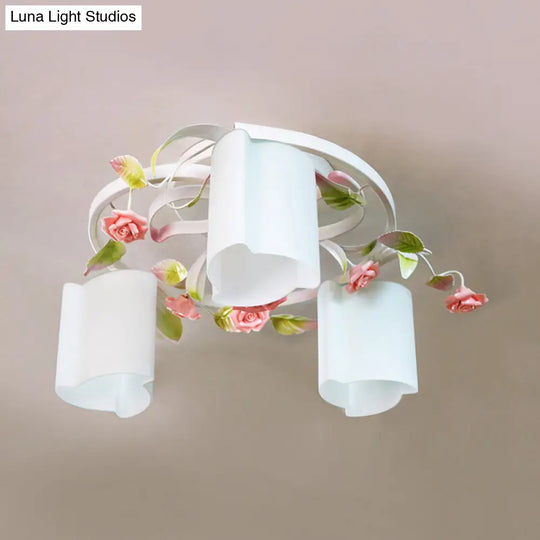 Romantic Pastoral Floral Ceiling Flush Chandelier - 3/5-Head White/Yellow With Frosted Glass Semi