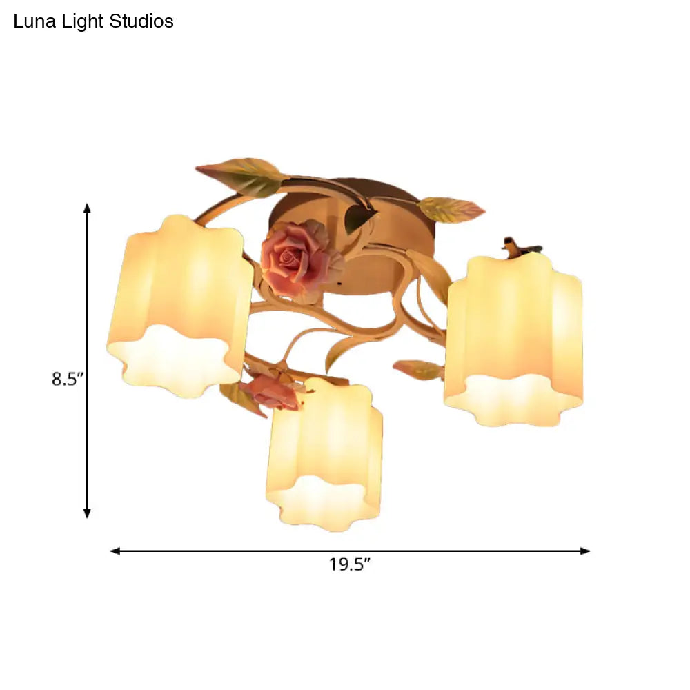 Romantic Pastoral Floral Ceiling Flush Chandelier - 3/5 - Head White/Yellow With Frosted Glass Semi