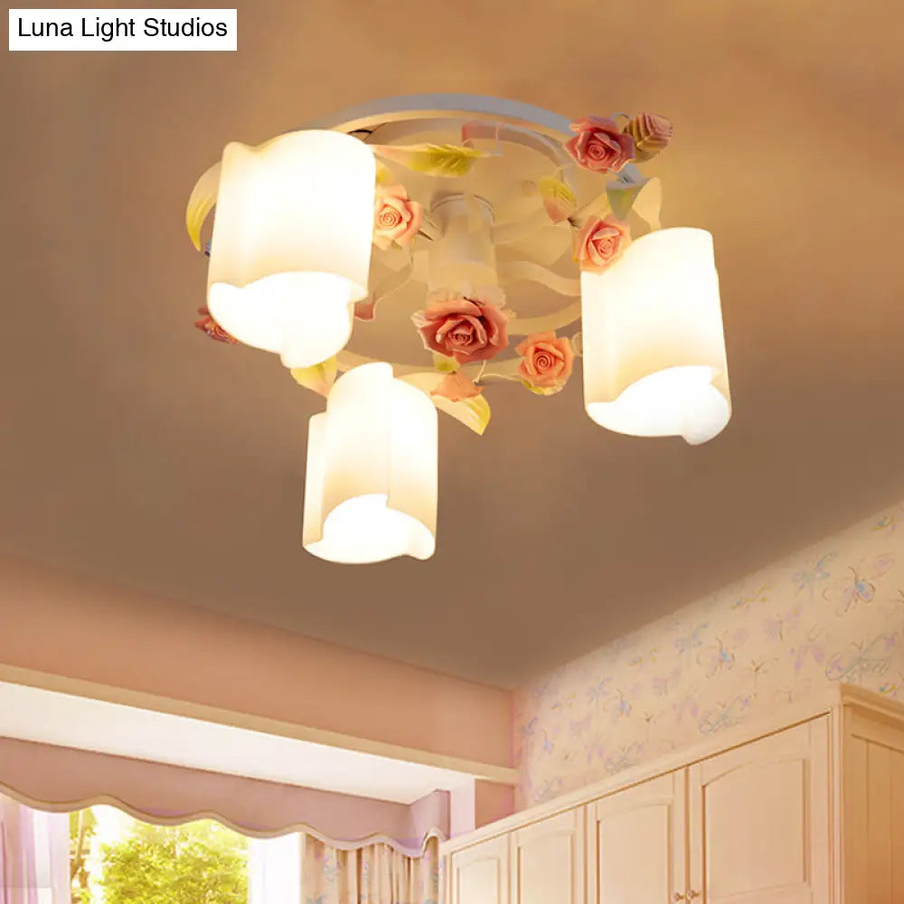 Romantic Pastoral Floral Ceiling Flush Chandelier - 3/5-Head White/Yellow With Frosted Glass Semi