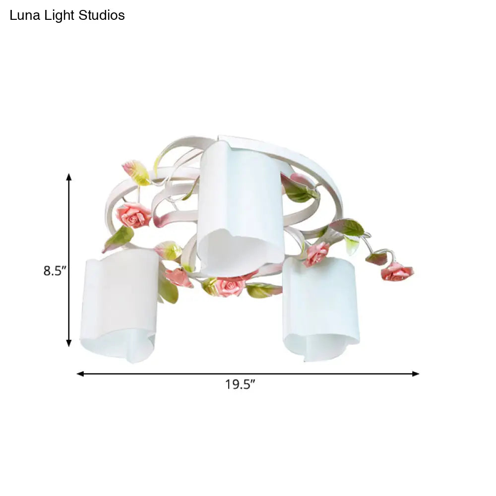 Romantic Pastoral Floral Ceiling Flush Chandelier - 3/5 - Head White/Yellow With Frosted Glass Semi