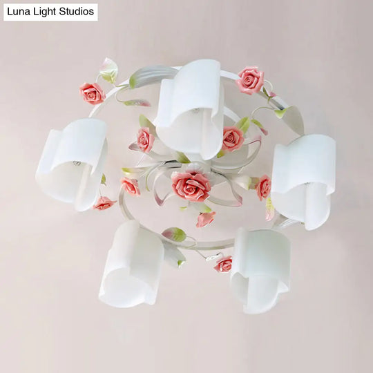 Romantic Pastoral Floral Ceiling Flush Chandelier - 3/5 - Head White/Yellow With Frosted Glass Semi