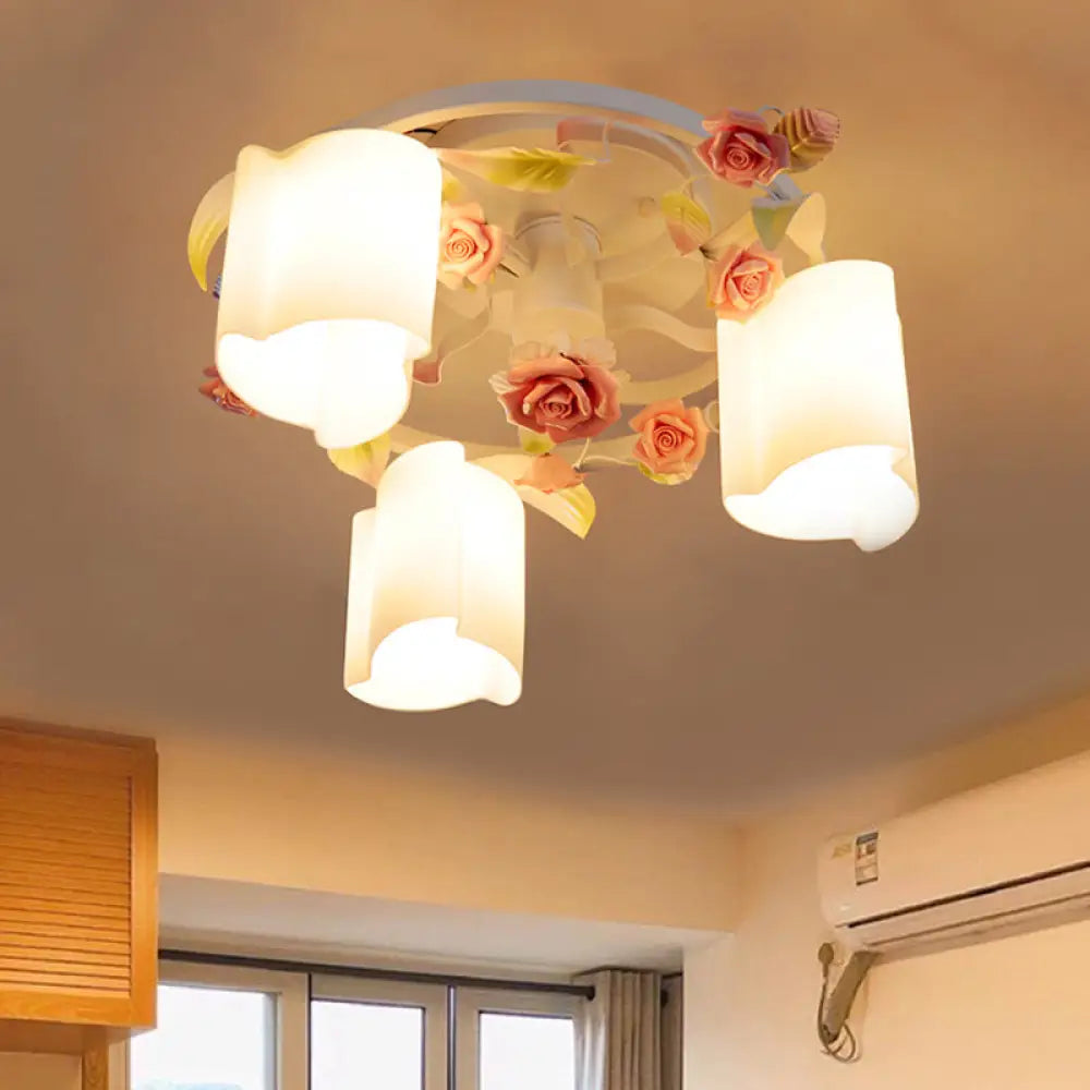 Romantic Pastoral Floral Ceiling Flush Chandelier - 3/5 - Head White/Yellow With Frosted Glass Semi