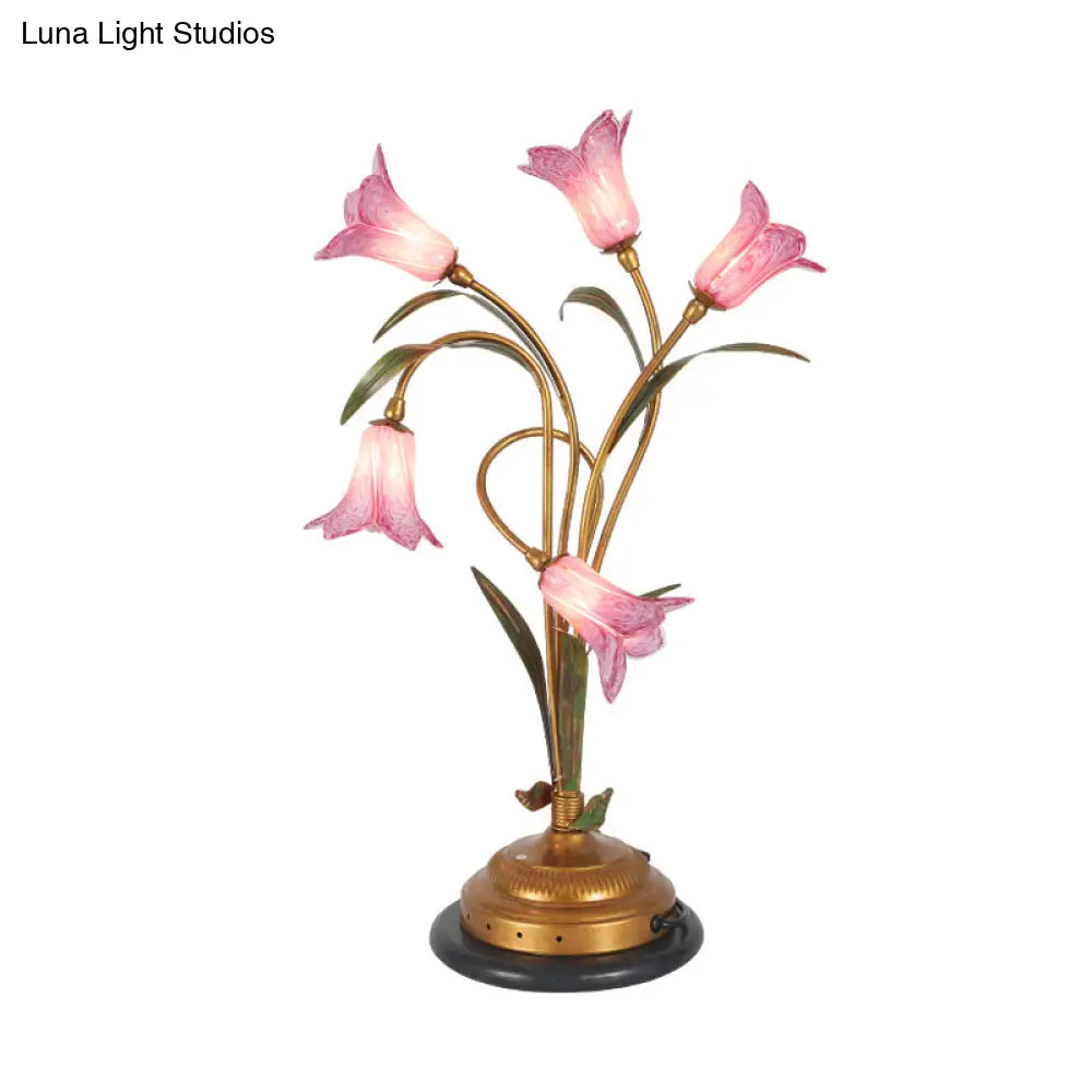 Romantic Pastoral Lily Bedside Brass Nightstand Lamp - 5-Light Led Table Lighting