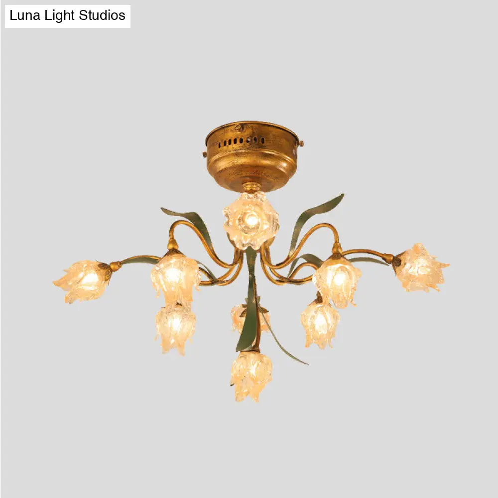Romantic Pastoral Living Room Led Ceiling Lamp With Flower Frosted Glass In Brass - 9-Head Semi