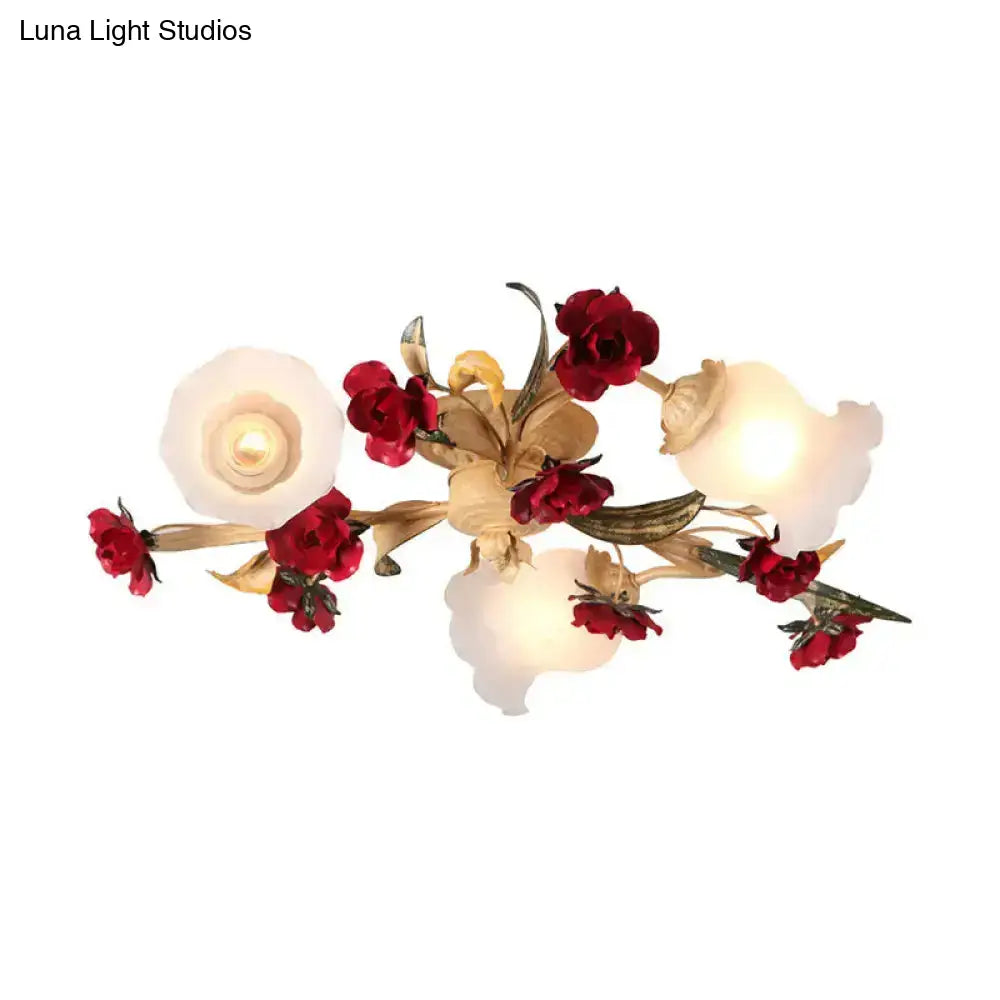 Romantic Pastoral Living Room Semi Flush Mount With Flower Frosted Glass Shade In White - 3/5-Light