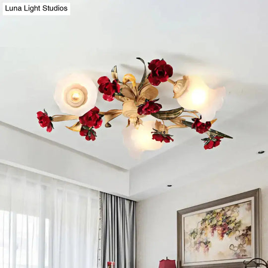 Romantic Pastoral Living Room Semi Flush Mount With Flower Frosted Glass Shade In White - 3/5-Light