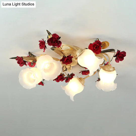 Romantic Pastoral Living Room Semi Flush Mount With Flower Frosted Glass Shade In White - 3/5-Light
