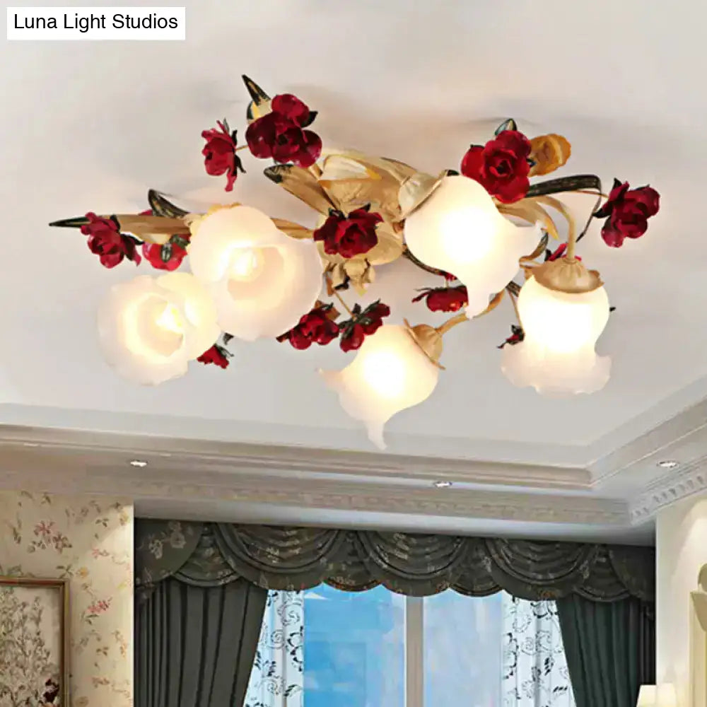 Romantic Pastoral Living Room Semi Flush Mount With Flower Frosted Glass Shade In White - 3/5-Light